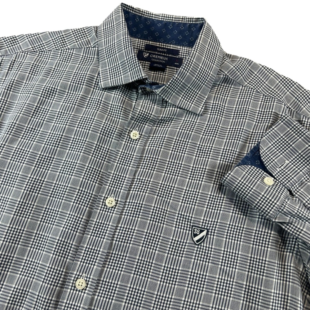 Cremieux Button Down Mens Large Slim Blue Glen Plaid Long Sleeve Cotton Shirt